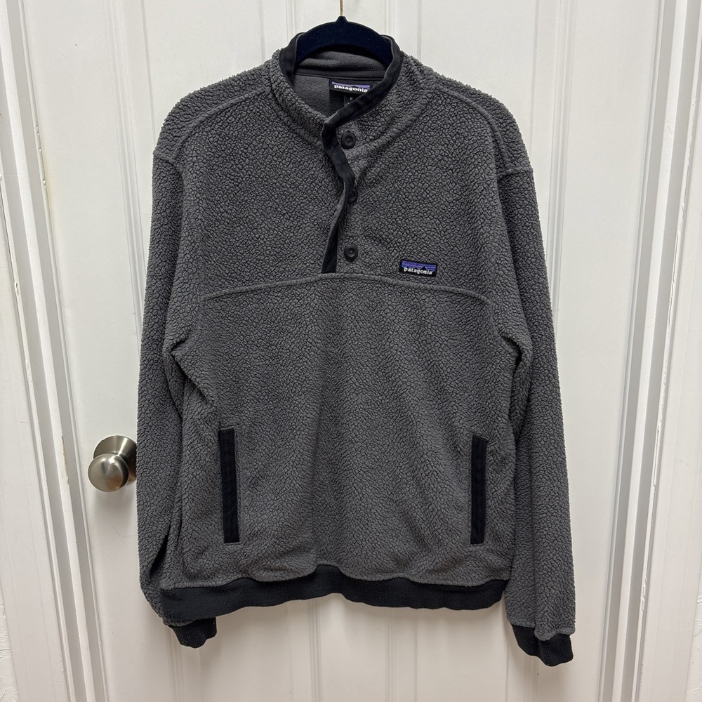 Patagonia Shearling Button Fleece Pullover Jacket Pockets Deep Pile Grey Medium